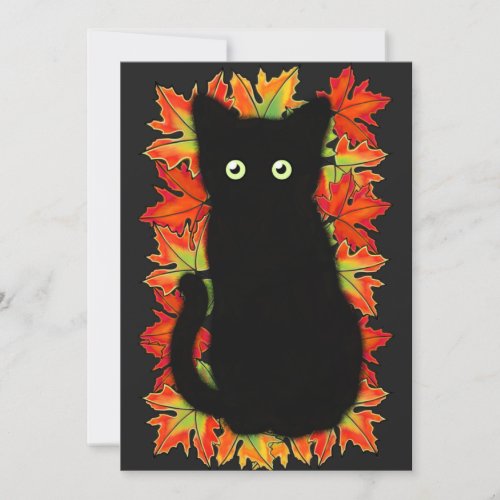 Black cat Autumn leaves pattern Halloween fun   Invitation