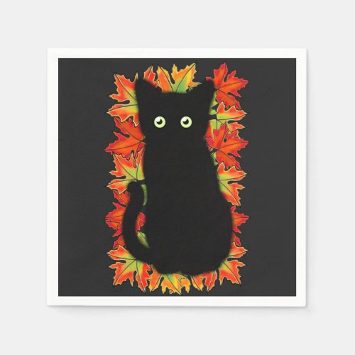 Black cat Autumn leaves pattern Halloween fun   Napkins