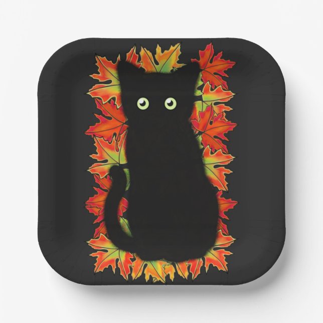Black cat, Autumn leaves pattern, Halloween fun    Paper Plates (Front)
