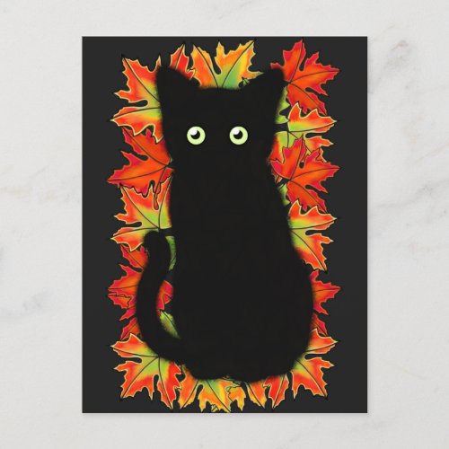 Black cat Autumn leaves pattern Halloween fun   Postcard