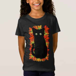 Black cat, Autumn leaves pattern, Halloween fun T-Shirt