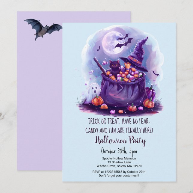 Black Cat Bag of Sweets Witch Hat Halloween party  Invitation (Front/Back)