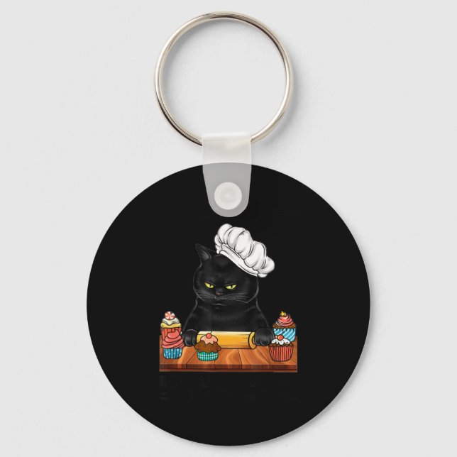 Black Cat Baking Because Murder Is Wrong Cat Lover Keychain (Front)