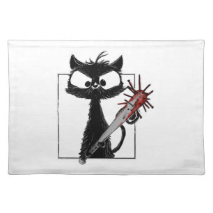 Black Cat Baseball Horror Halloween Cloth Placemat