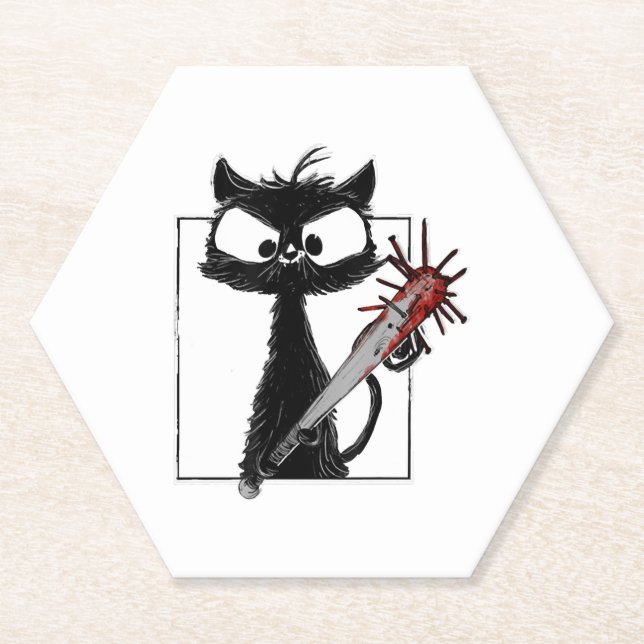 Black Cat Baseball Horror Halloween Paper Coaster (Front)