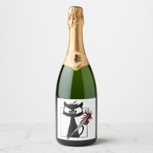 Black Cat Baseball Horror Halloween Sparkling Wine Label