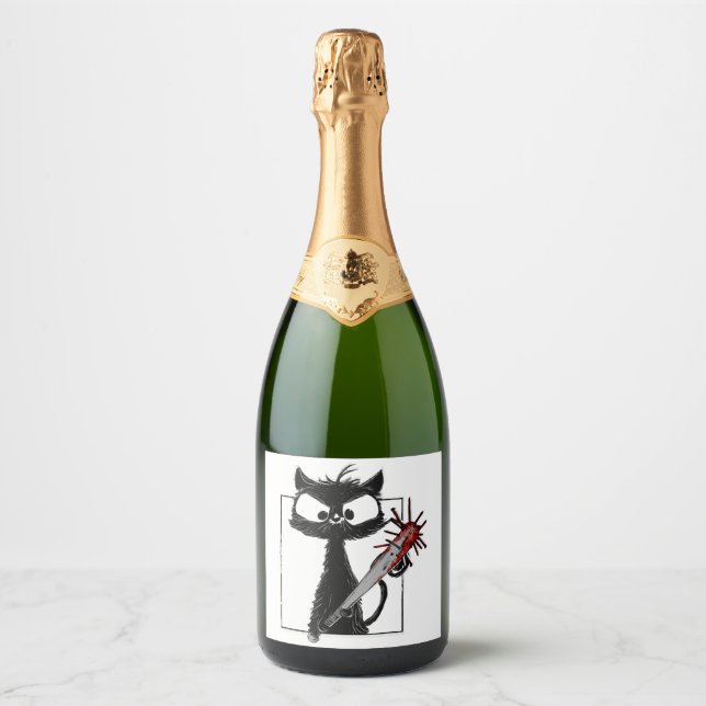 Black Cat Baseball Horror Halloween Sparkling Wine Label (Front)
