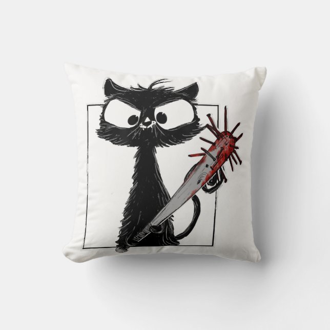 Black Cat Baseball Horror Halloween Throw Pillow (Front)