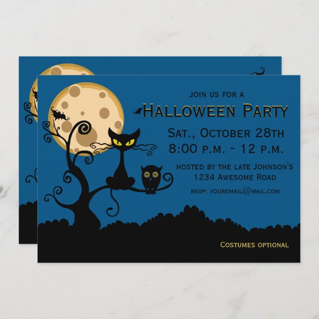 Black Cat, Bat, and Owl Halloween Invitation (Front/Back)