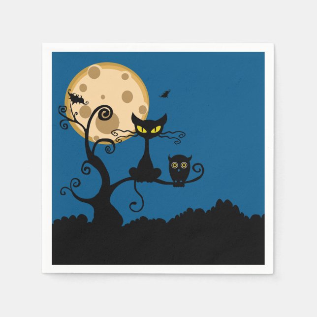Black Cat, Bat, and Owl Halloween Napkins (Front)