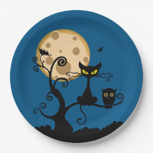 Black Cat, Bat, and Owl Halloween Paper Plates