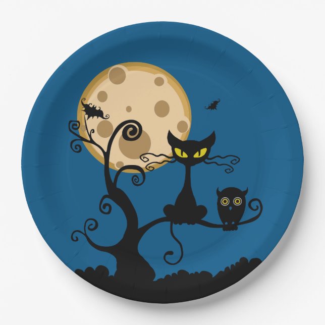 Black Cat, Bat, and Owl Halloween Paper Plates (Front)