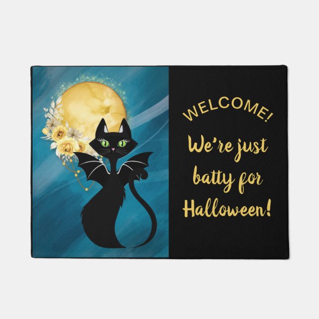 Black Cat | Bat Cat | Elegant Halloween 18"x24" Doormat (Front)