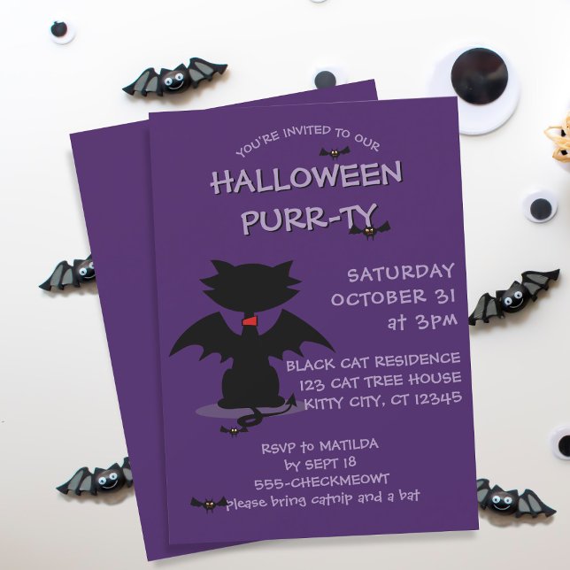 Black Cat Bat Purple Halloween Party Invitation (It's the black cat's favorite time of the year and is ready to party. Add the details of yours!)
