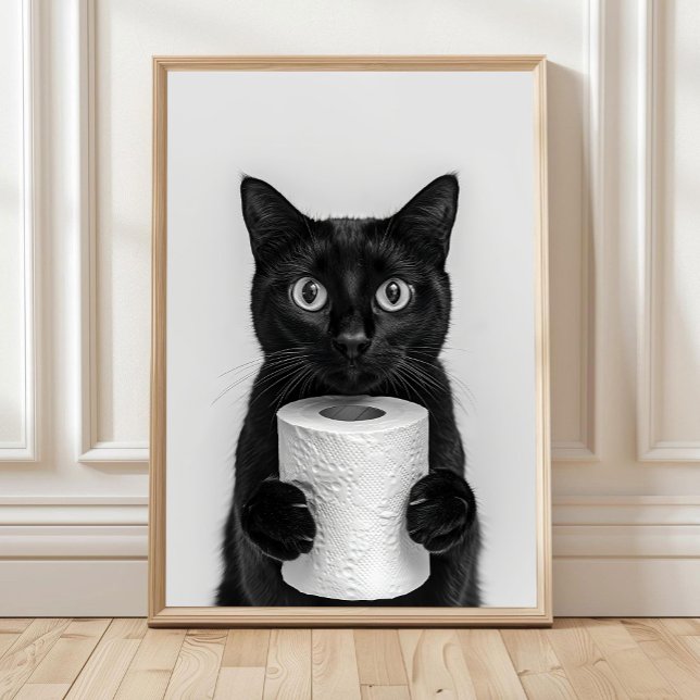 Black Cat Bathroom Print, Cat Holding Toilet Roll, Poster (Creator Uploaded)