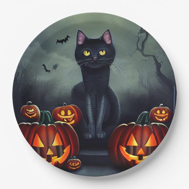 Black Cat, Bats and Jack-O-Lanterns  Paper Plates (Front)