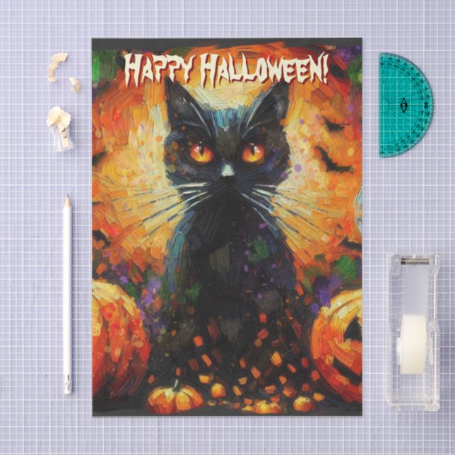 Black Cat Bats Pumpkins Personalized Decoupage Tissue Paper (Craft)