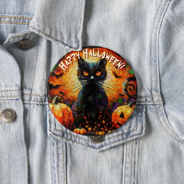 Black Cat Bats Pumpkins Whimsical Personalized Button (In Situ)