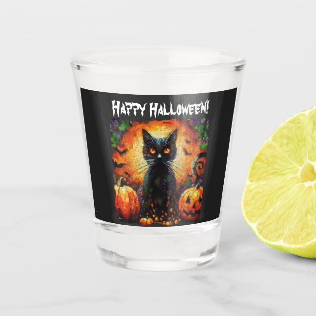 Black Cat Bats Pumpkins Whimsical Personalized Shot Glass (Front)