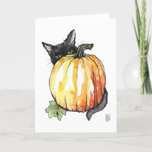 Black Cat Behind a Pumpkin Folded Thank You Card