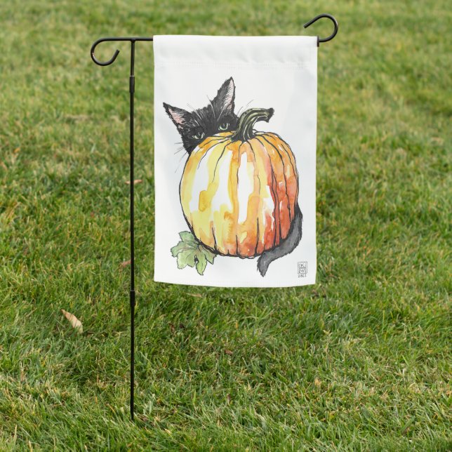 Black Cat Behind Orange Pumpkin Garden Flag (In SItu)