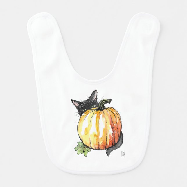 Black Cat Behind Pumpkin Baby Bib (Front)