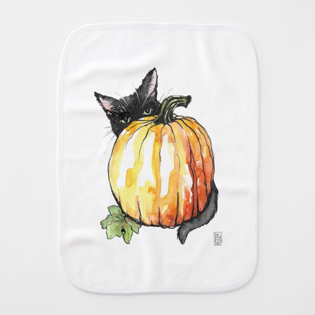 Black Cat Behind Pumpkin Burp Cloth (Front)