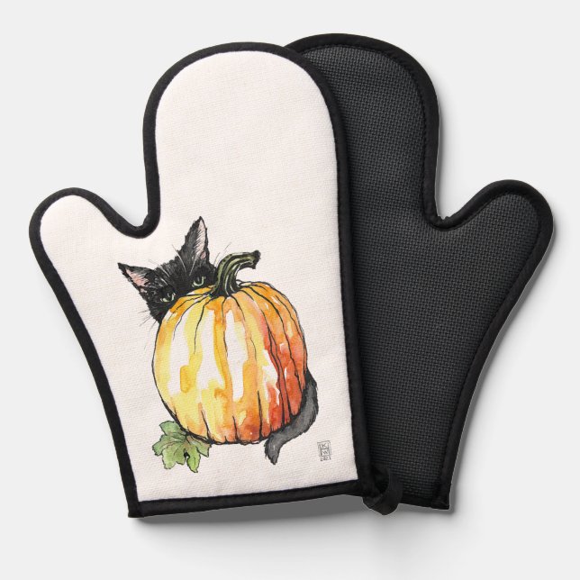 Black Cat Behind Pumpkin Oven Mitt (Front/Back)