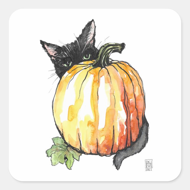 Black Cat Behind Pumpkin Square Sticker Sheet (Front)