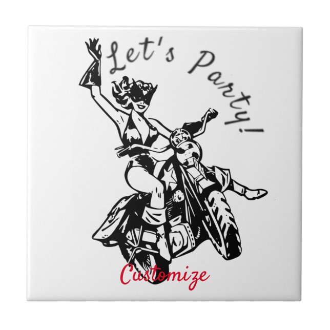 Black Cat Biker Babe Thunder_Cove Ceramic Tile (Front)
