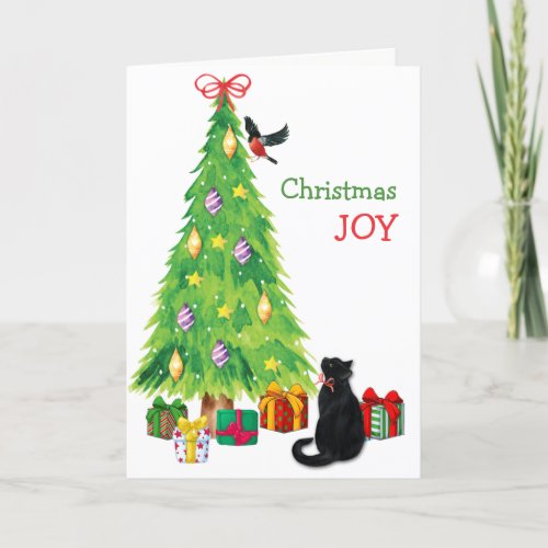 Black Cat Bird and Christmas Tree Joy Holiday Card