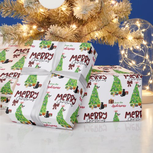 Black Cat Bird and Christmas Tree Wrapping Paper