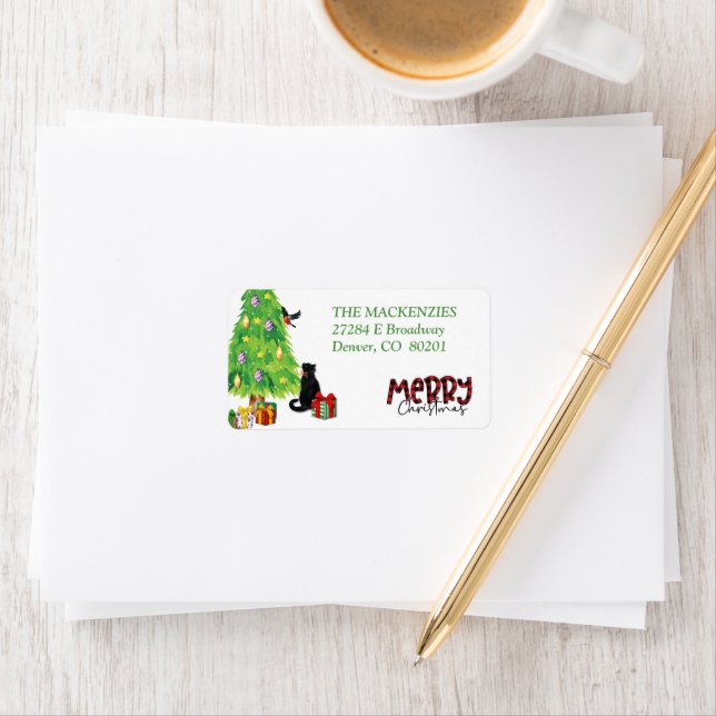 Black Cat, Bird, Christmas Tree Return Address  Label (Insitu)