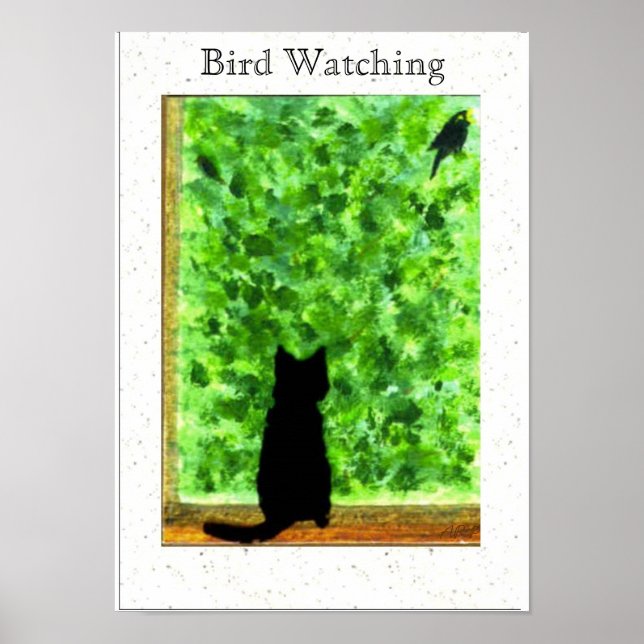 Black Cat Bird Watching Fun Animal Art Poster (Front)