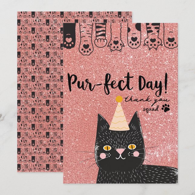 Black Cat Birthday Hat Pink Glitter Purfect Day Thank You Card (Front/Back)