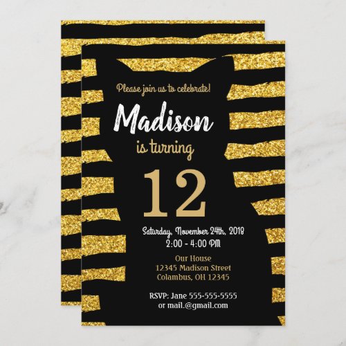 Black Cat Birthday Invitation  Glam  Glitter