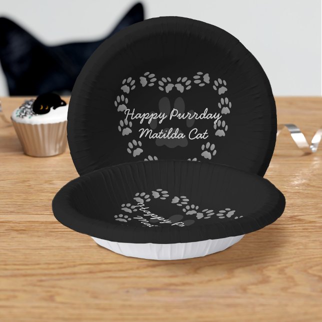 Black Cat Birthday Paw Print Heart Paper Bowls (Purrfect paper bowl for your purrday party. Just add your name)
