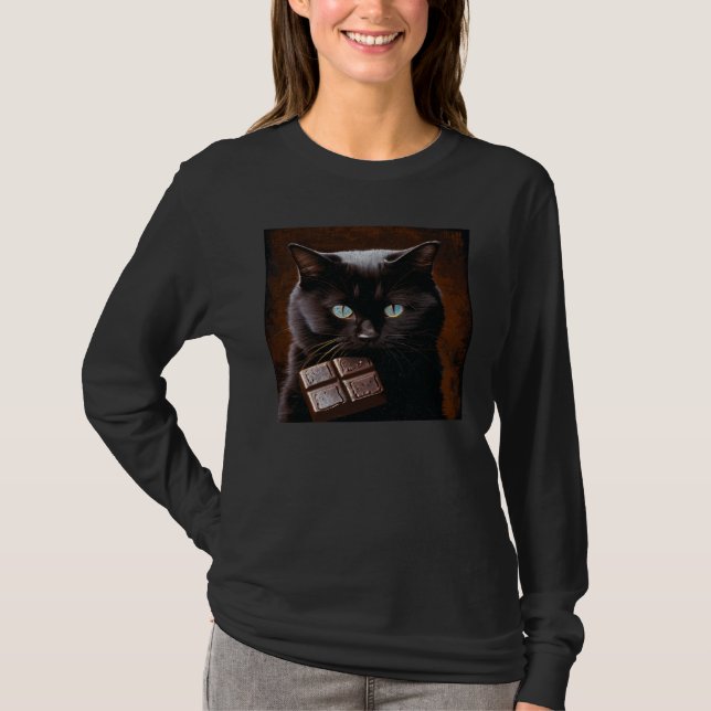Black Cat Biting Chocolate T-Shirt (Front)