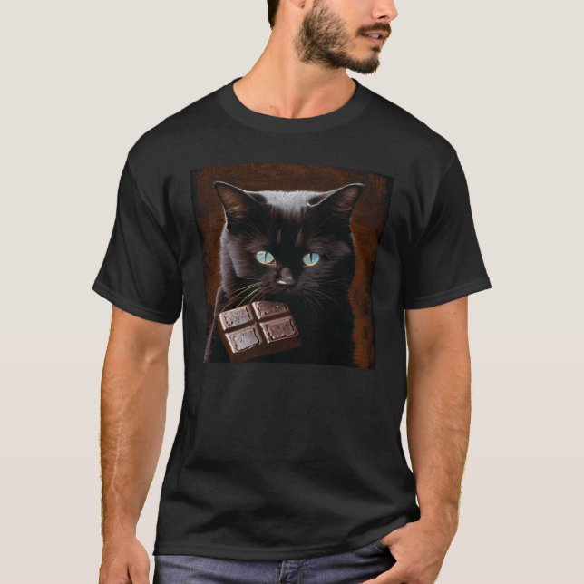 Black Cat Biting Chocolate T-Shirt (Front)