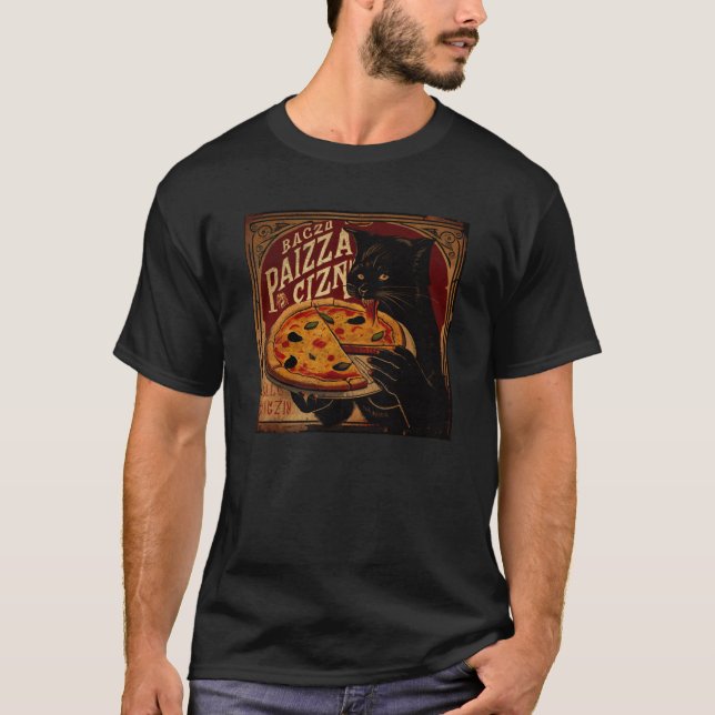 Black Cat Biting Pizza T-Shirt (Front)