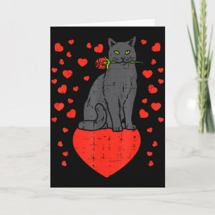 Black Cat Biting Rose Hearts Valentines Day Animal Card