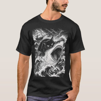 Black Cat Biting Shark Anime s Men Cool T-Shirt