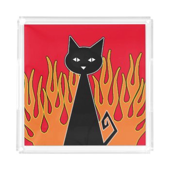 Black Cat & Blue Flames Acrylic Tray by WaywardMuse at Zazzle