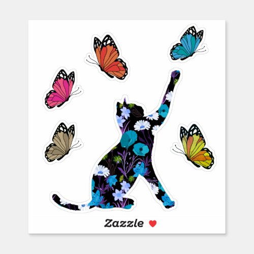 Black cat blue flowers and colorful butterflies sticker