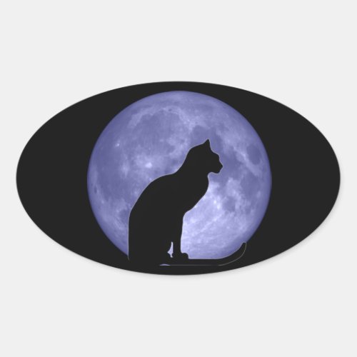 Black Cat Blue Moon Oval Stickers