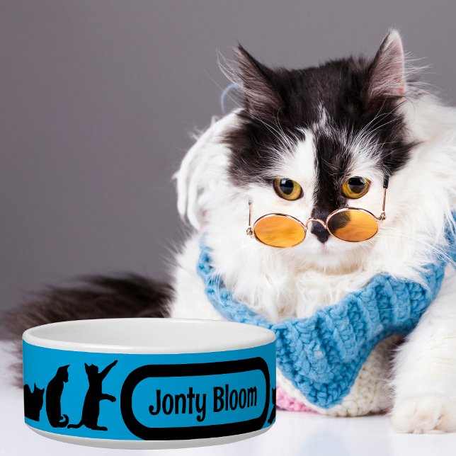 Black Cat Blue Silhouette Pattern With Cat Name Bowl (Creator Uploaded)