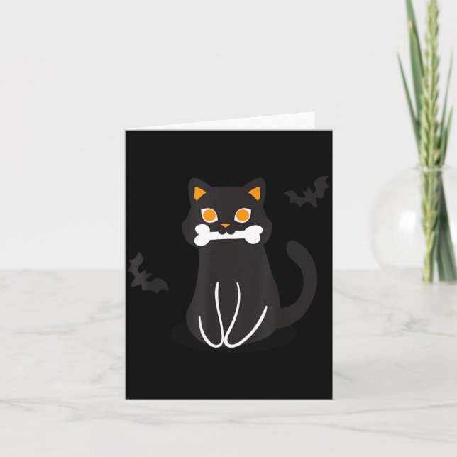 Black Cat Bone Bats Halloween Card (Front)