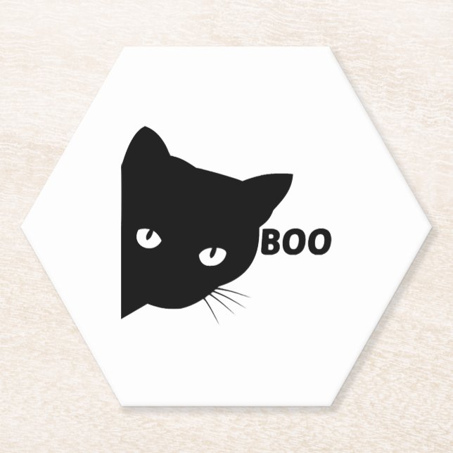 Black cat boo Halloween gift cats Paper Coaster (Front)
