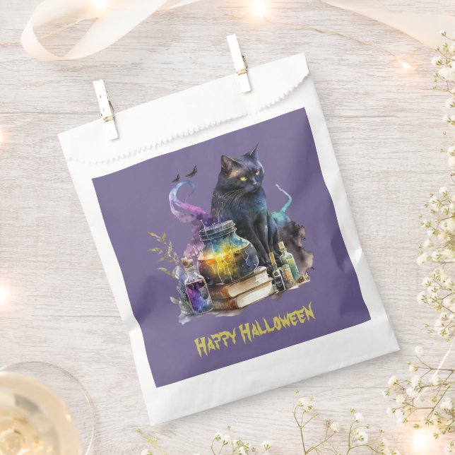 Black Cat Books and Potions Happy Halloween Favor Bag (Clipped)