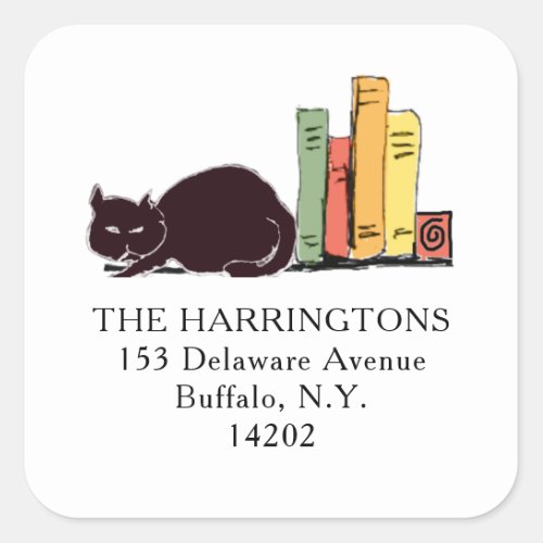 Black Cat Bookshelf Cute Hand_Drawn Return Address Square Sticker